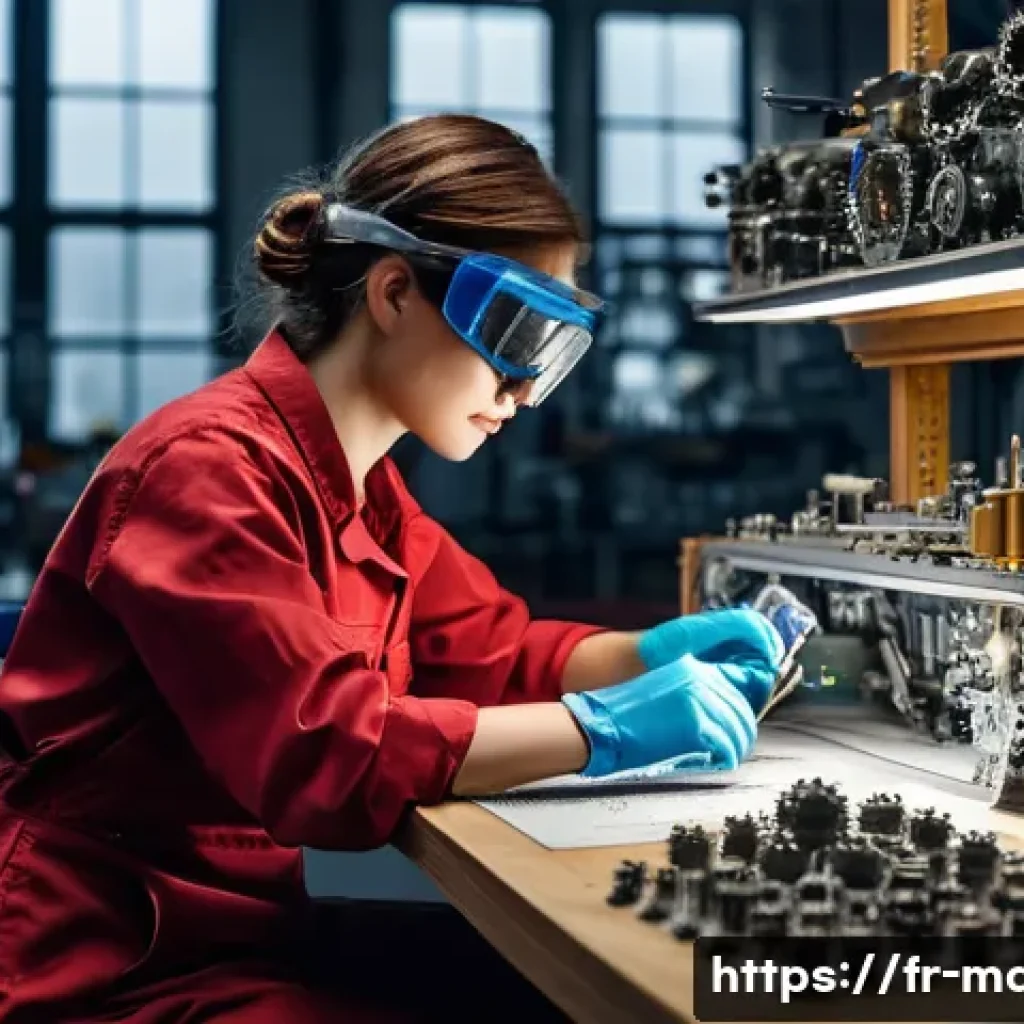 기계설계로 특허 내는 방법 - **Prompt:** A highly focused female engineer, aged around 30, with safety goggles resting on her for...