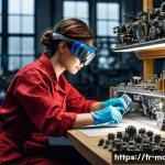 기계설계로 특허 내는 방법 - **Prompt:** A highly focused female engineer, aged around 30, with safety goggles resting on her for...