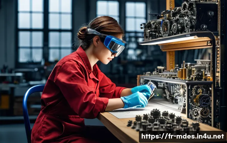 기계설계로 특허 내는 방법 - **Prompt:** A highly focused female engineer, aged around 30, with safety goggles resting on her for...