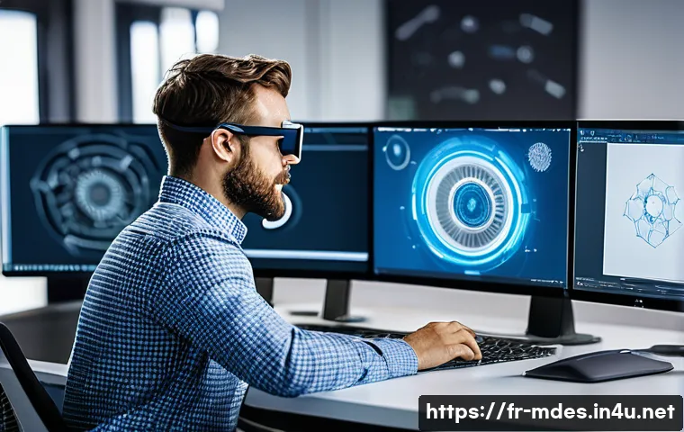 기계설계 고용시장 전망 - A modern mechanical design engineer working in a bright, high-tech office, surrounded by multiple la...