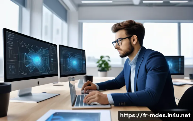 기계설계 경력관리 노하우 - A modern mechanical engineer workspace showing a young professional attentively studying emerging te...