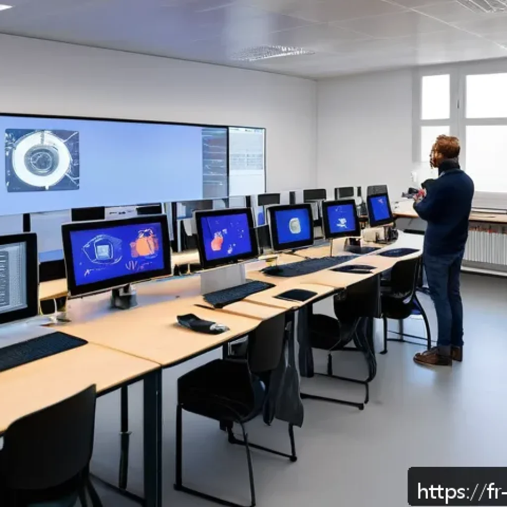 기계설계 실무 교육 프로그램 추천 - A modern industrial training classroom in France, featuring diverse adult students attentively learn...