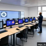 기계설계 실무 교육 프로그램 추천 - A modern industrial training classroom in France, featuring diverse adult students attentively learn...