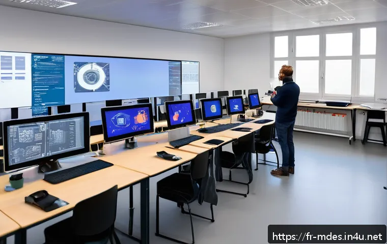 기계설계 실무 교육 프로그램 추천 - A modern industrial training classroom in France, featuring diverse adult students attentively learn...