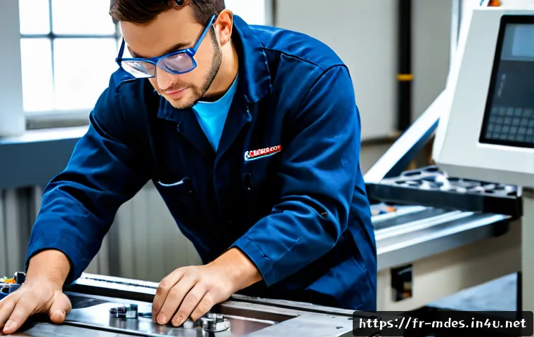 기계설계 장비 사용법 배우기 - Photorealistic French engineering workshop, adult trainee wearing safety glasses and clean workwear ...
