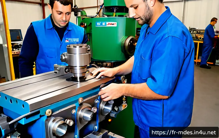 기계설계 중견기업과 대기업 비교 - Photorealistic French mechanical engineering mid-sized company workshop, a small team of engineers i...
